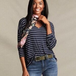 CAbi Ahoy Tee Navy White Striped V-Neck Long Sleeve Nautical Preppy  stretch XL